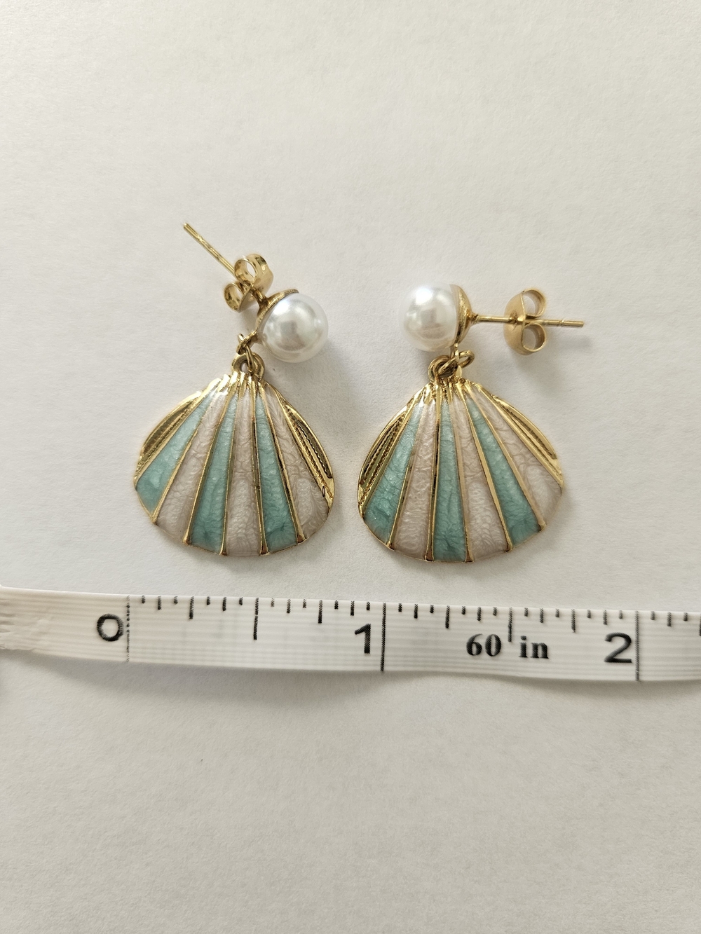 Pearl  Gold Mint Blue Shell Drop Earrings Preppy Summer Vacation Feminine 80s - Picture 4 of 4